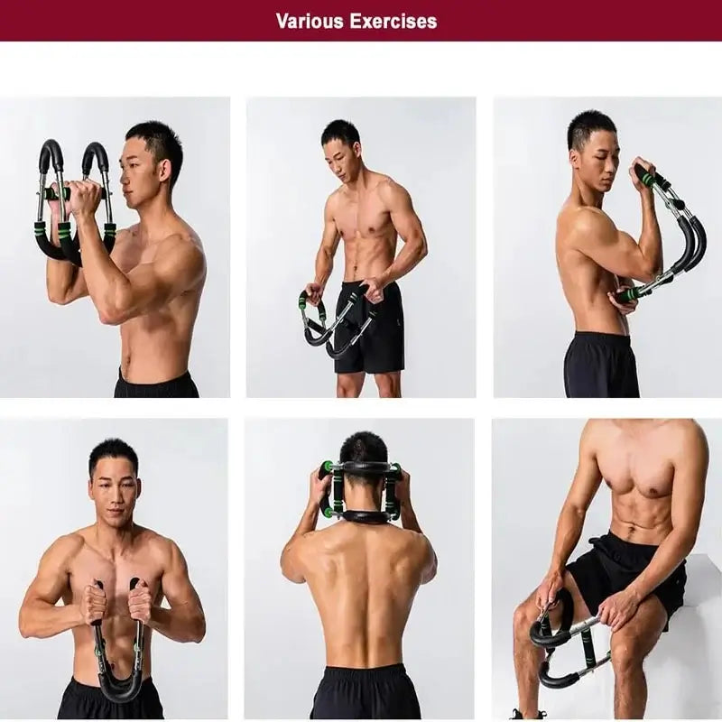 Collage of multiple exercises performed with the Gorilla Bar.