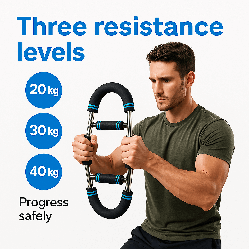 Product with callout of three resistance options (20/30/40 kg).