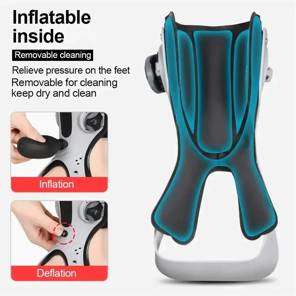 Ankle brace with inflatable inner pads and pump.