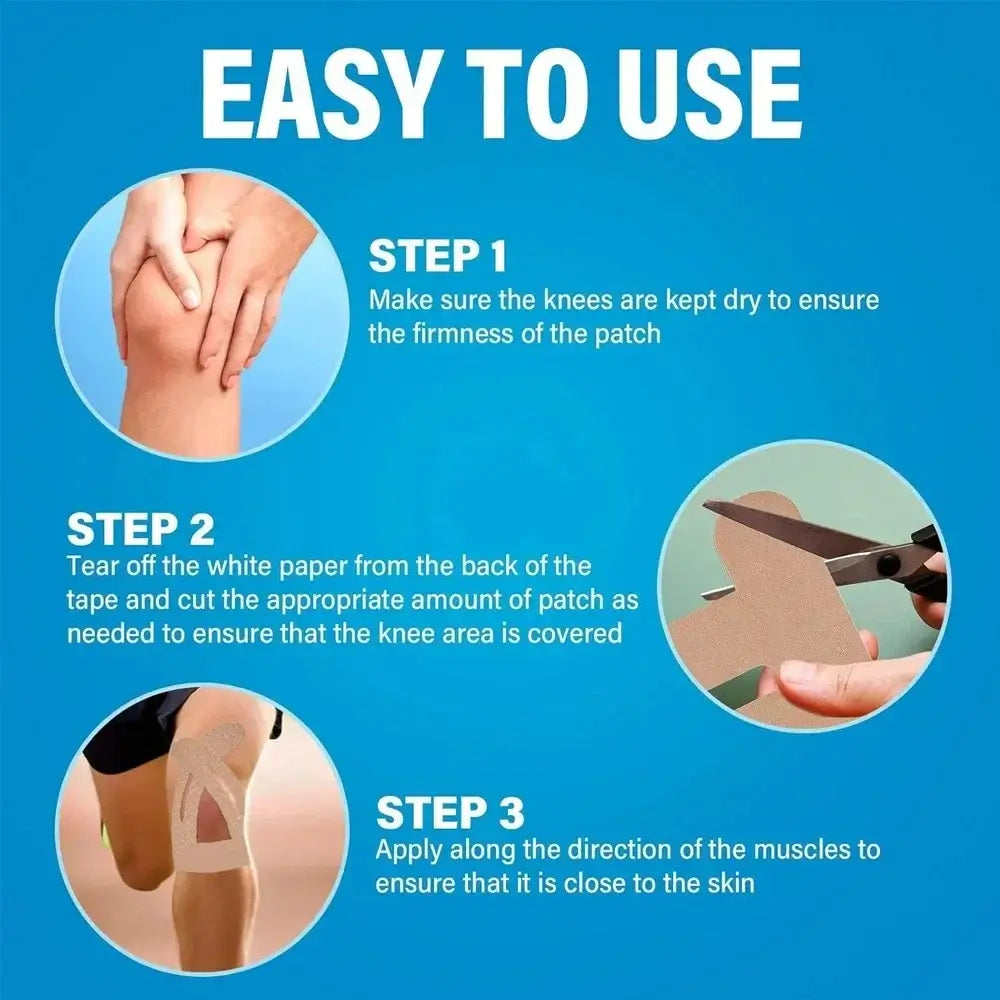 Step-by-step card showing fast, scissor-free knee taping.