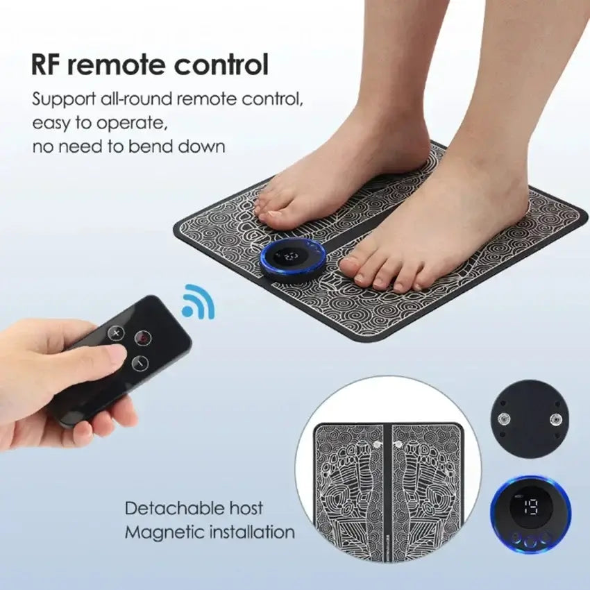 Hand using RF remote while feet rest on the EMS foot mat.
