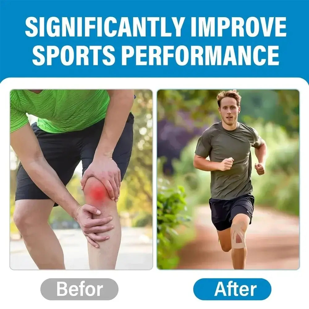 Before/after running image with kinesiology tape applied on the knee.