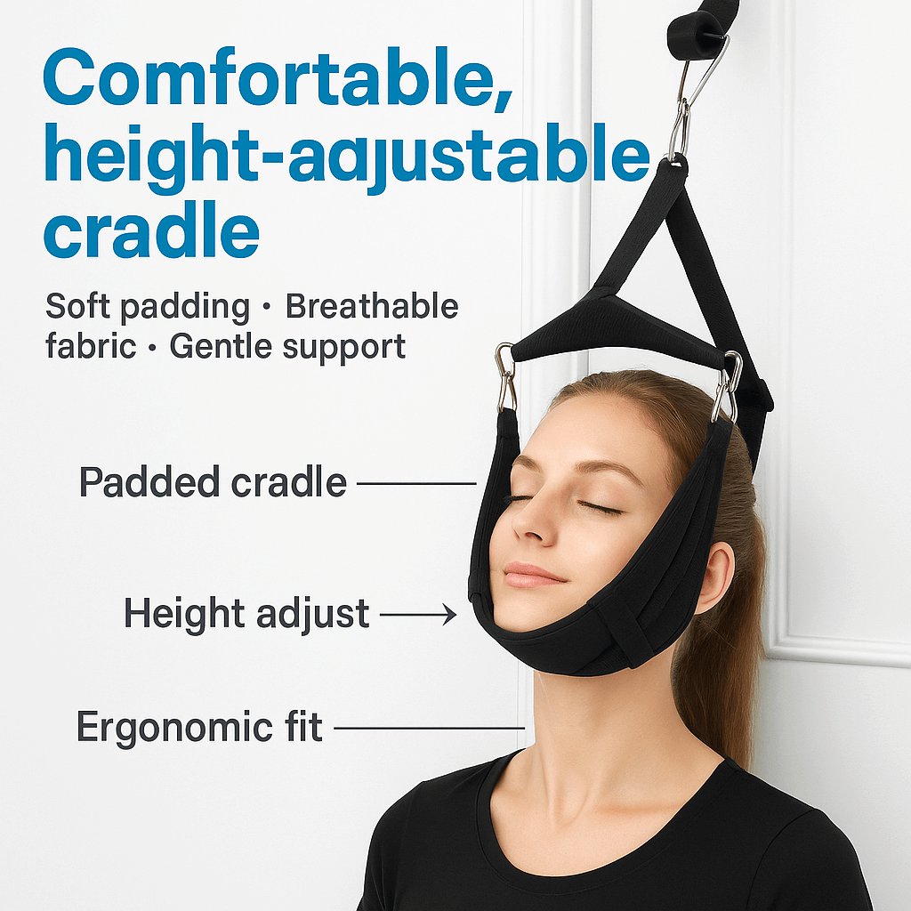 Person resting chin/base of skull in padded sling.