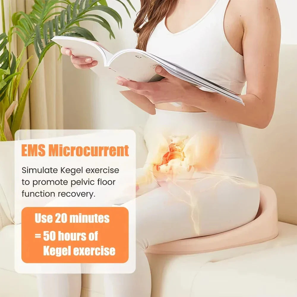 Woman seated on EMS pelvic floor trainer; external pulses cue Kegel-like contractions.
