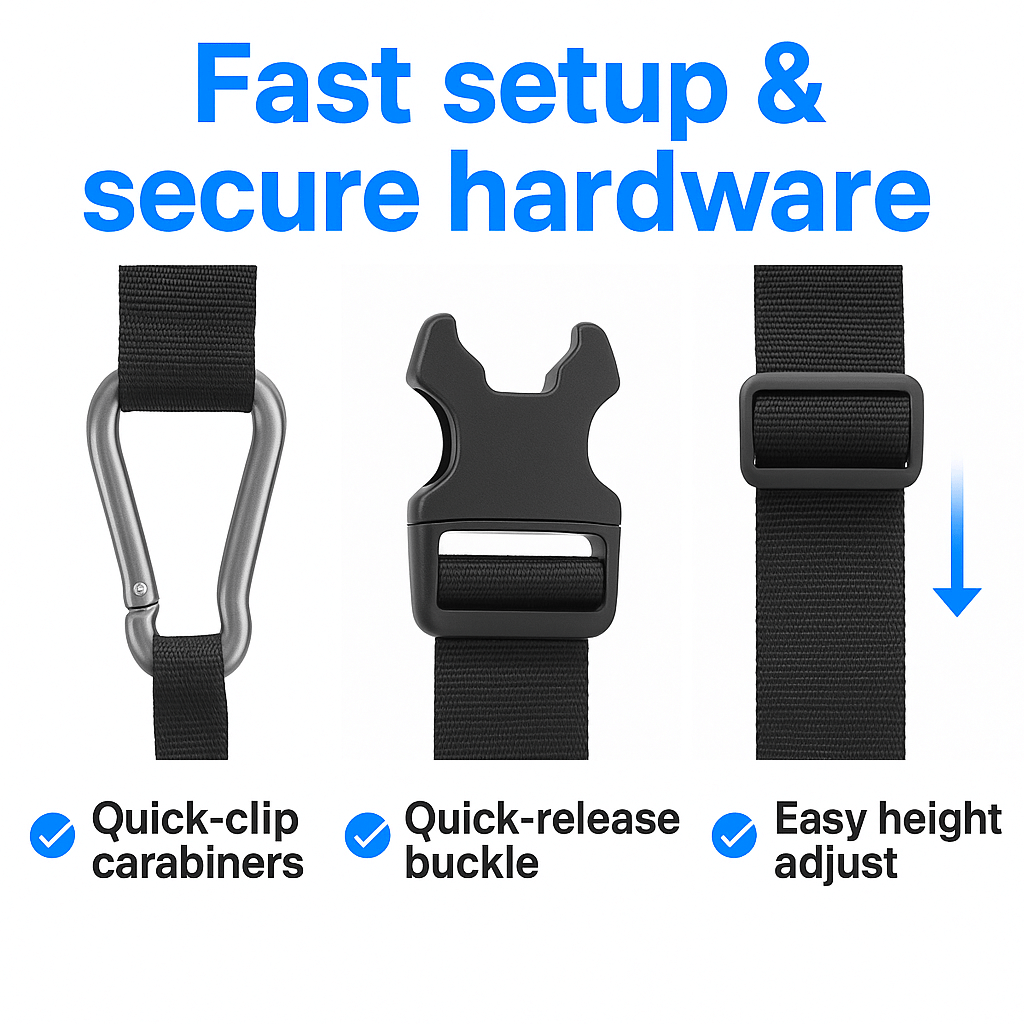 Close-ups showing strap loop, buckle, and carabiner connection.